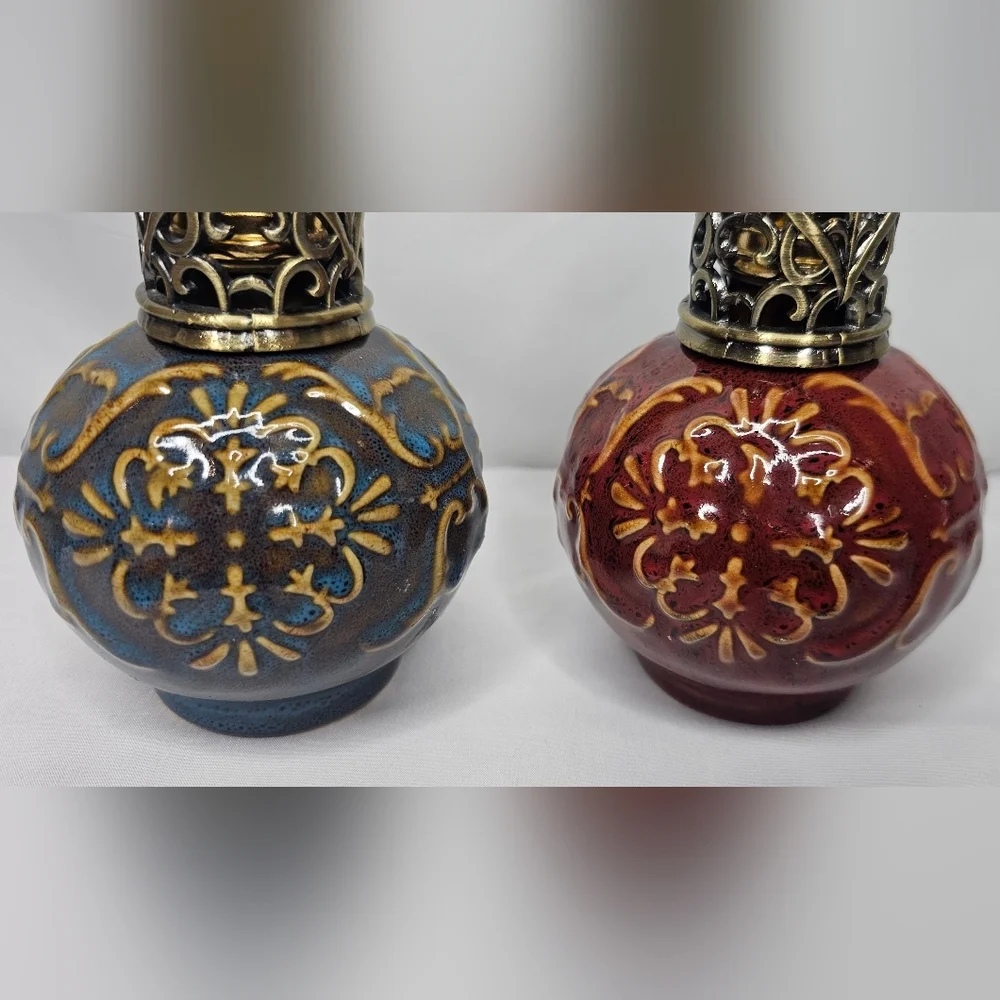 Vintage Ceramic Diffusers With Ornate Metal Scroll Lid Blue & Maroon